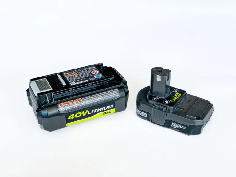 Two rechargeable lithium-ion batteries of different sizes on a white background, probably designed for use with power tools or garden equipment.