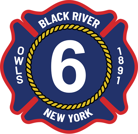 Fire department emblem featuring a red maltese cross with a navy circle in the center. The number 6 is prominent in the middle, encircled by a rope. Text around the circle reads "Black River, New York, Owls, 1891.