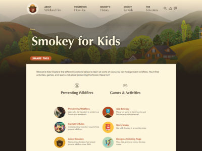 Website homepage with the title "Smokey for Kids." It features sections for preventing wildfires and games & activities. The background includes a scenic illustration of a forested landscape with hills and trees.