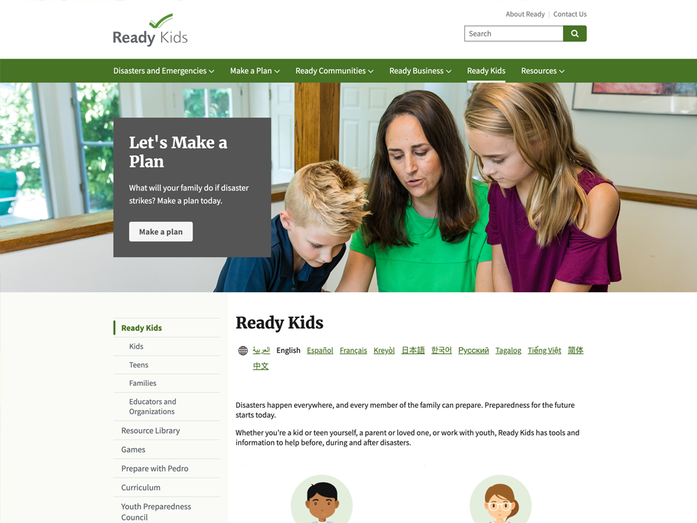 A woman and two children, a boy and a girl, are seated at a table, focused on disaster preparedness plans. Text on the website encourages making a plan for what to do if disaster strikes. The page is part of Ready Kids, featuring resources for families.