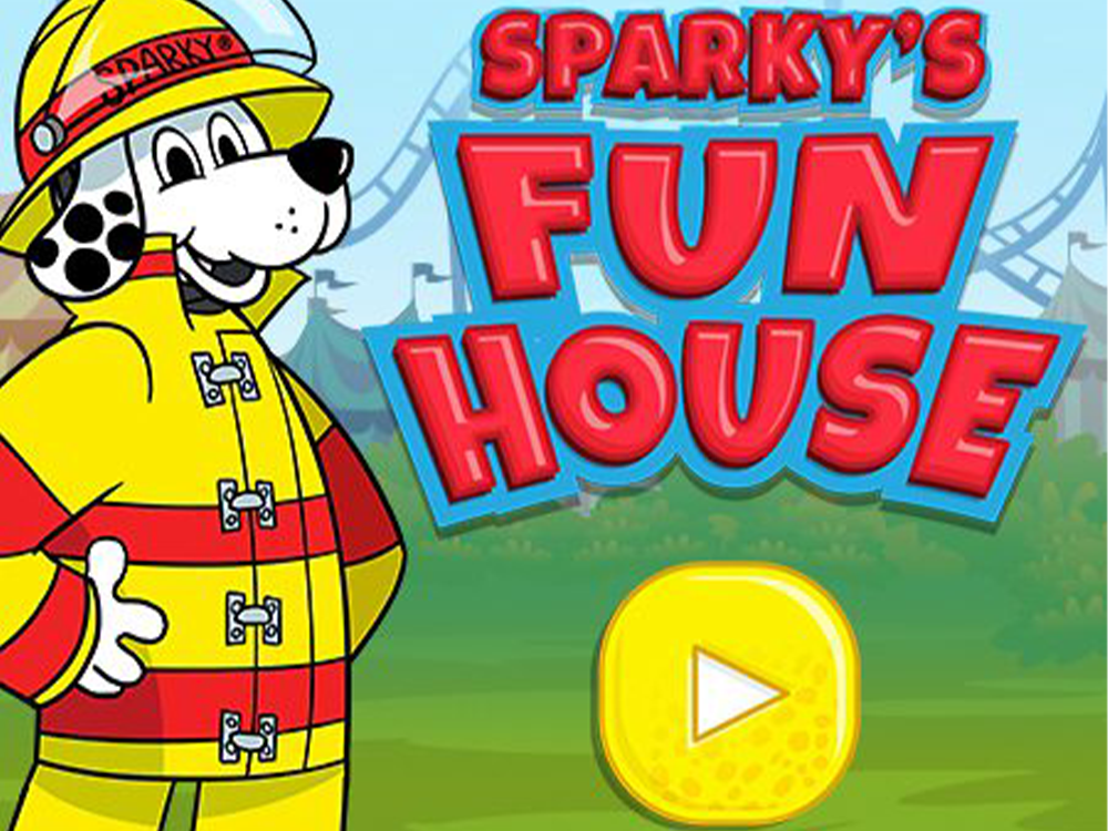 Cartoon of a smiling Dalmatian in a firefighter uniform beside the title "Sparky's Fun House" in bright letters. A large yellow play button is centered below. Background shows amusement park rides and trees.