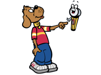 A cartoon dog wearing a red shirt and blue pants points at a smiling microphone with eyes and arms. The microphone has a happy expression and is slightly floating above the ground.