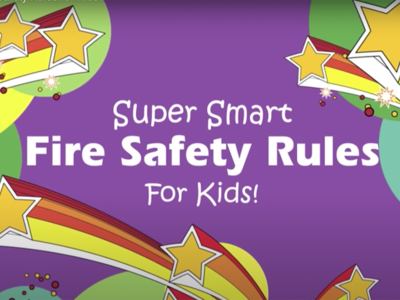 Colorful image with the text "Super Smart Fire Safety Rules For Kids!" against a purple background. Features stars and rainbow designs on the sides, creating a playful and engaging look.